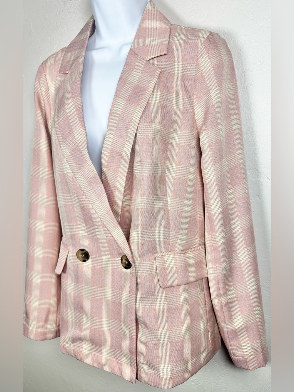 Hem & Thread Pink and Cream Plaid Double-Breasted Blazer Size Small - Picture 6 of 13